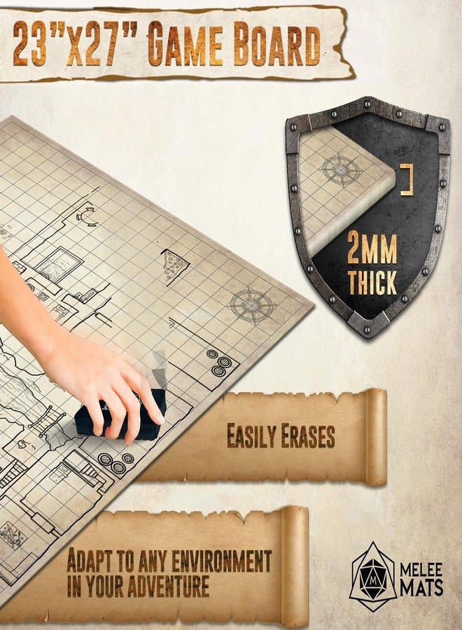 Melee Mats مجموعة خرائط بداية لعبة الاشتباك المباشر DND - 23 بوصة × 27 بوصة، وجهان، قابلة للمسح الجاف والرطب، شبكة تضاريس معركة لألعاب Dungeons and Dragons - مجموعة ألعاب لوحية مع ملحقات - Image 3